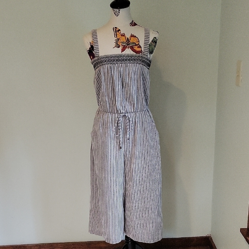 Universal Thread Blue and White Striped Jumpsuit with Elastic Waist & Pockets